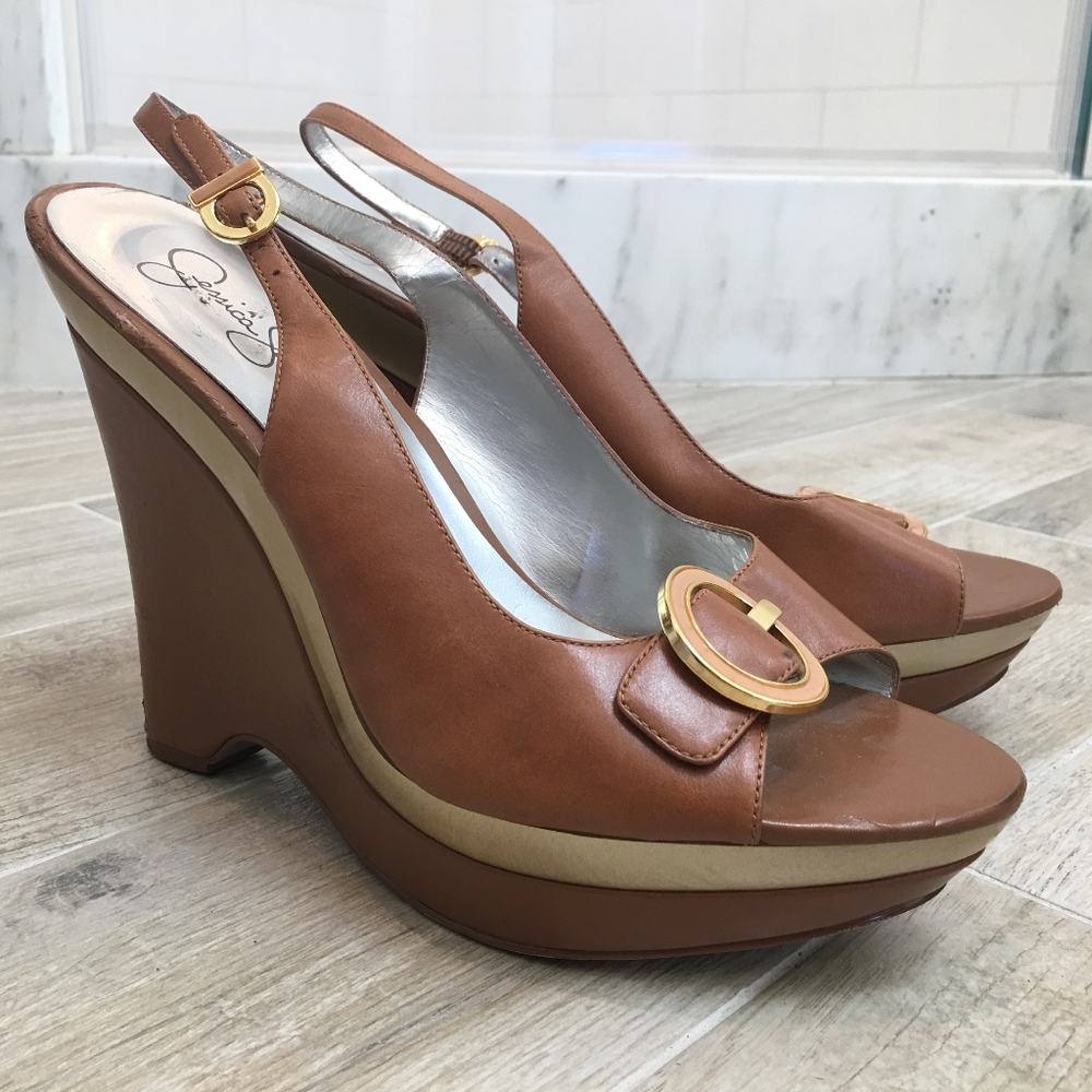 JESSICA SIMPSON LEATHER SLINGBACK PLATFORM SHOES